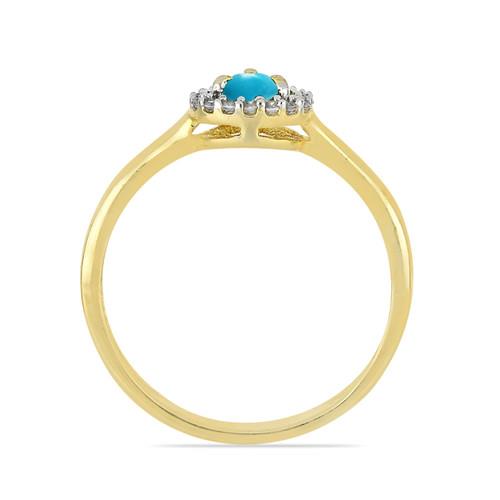 14K GOLD  NATURAL BLUE TURQUOISE GEMSTONE HALO RING WITH WHITE DIAMOND